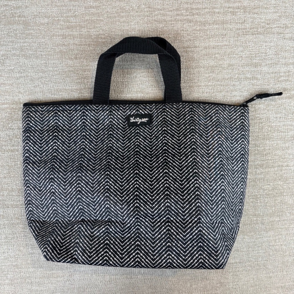 Thirty-One Thermal Tote Bag Black White Chevron Insulated Lunch Cooler EUC
